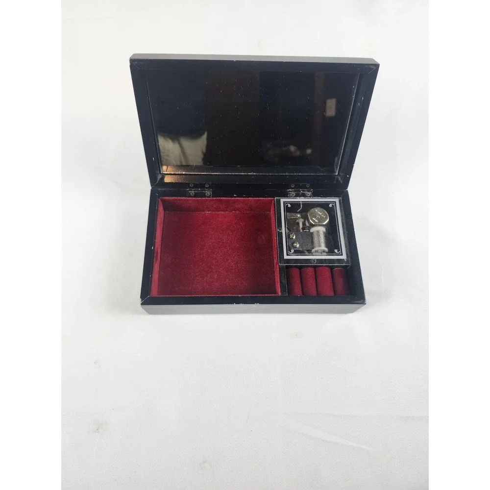 Vintage Avon Musical Jewelry Box Large Mirrored Ring Holder Black Lacquer Gift